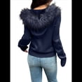 thumbnail image 4 of Suéter Cárdigan con Cremallera para Mujer, Sudadera con Capucha de Piel Sintética con Cable, Chaqueta de Larga, Conjuntos de Punto Y2K Azul Marino M, 4 of 9