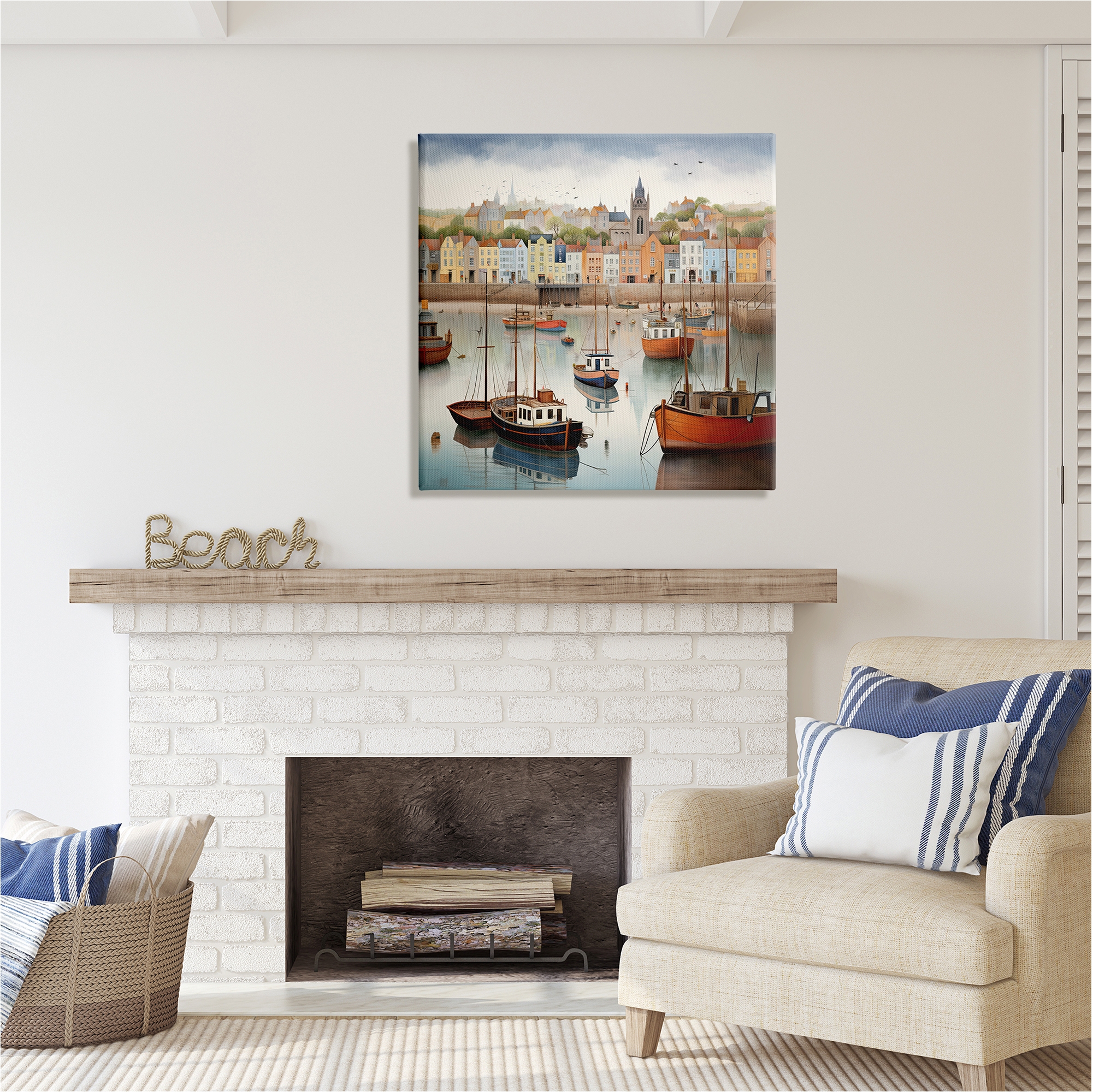 Stupell Industries Seaside City Harbor Transportation Painting Gallery Wrapped Canvas Art Print Wall Art, 30 x 30