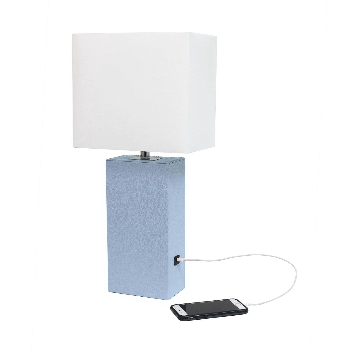 Elegant Designs Modern Leather Table Lamp with USB and White Fabric Shade