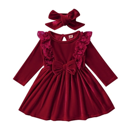 

BULLPIANO Infant Girls Christmas Velvet Dress Pageant Party Gown Baby Fall Winter Ruffle Long Sleeve Wedding Evening Dress
