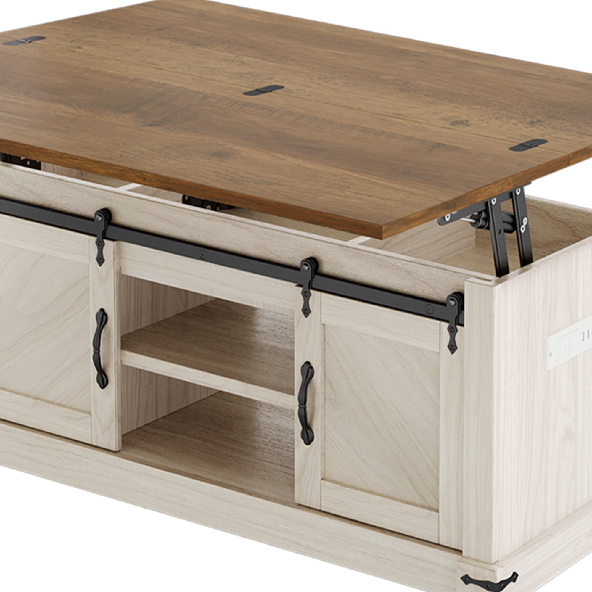 Uforic Farmhouse Lift Top Coffee Table with Charging Station & Barn Doors Storage, Brown