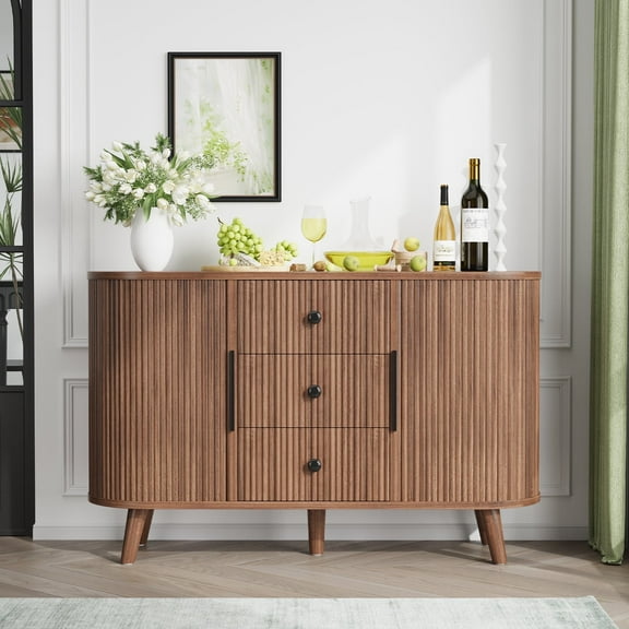 Feishominoo 47" Storage Cabinet with 2 Sliding Tambour Doors and 3 Drawers, Curved Fluted Sideboards Buffet for Living Room Hallway Entryway, Walnut