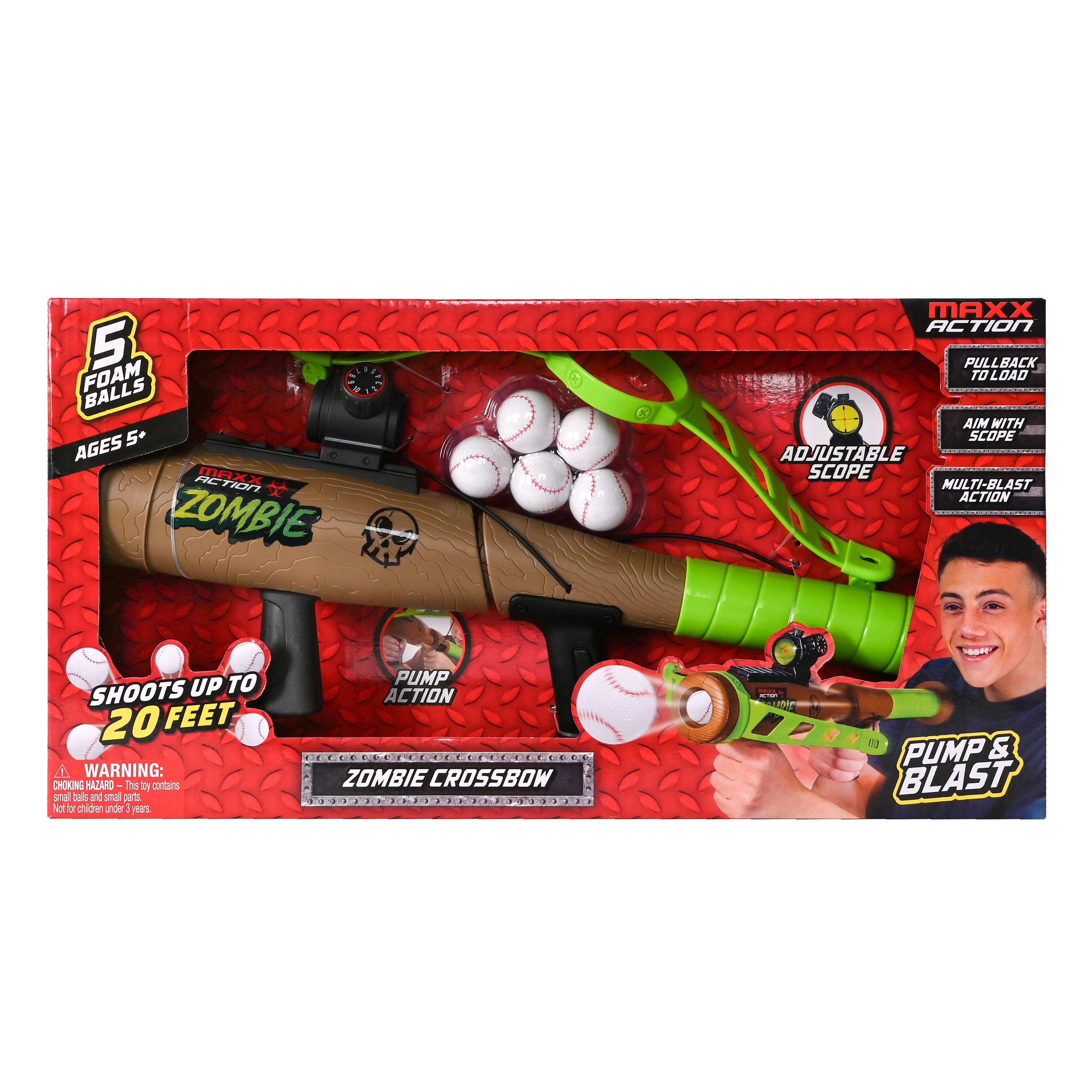 Maxx Action Zombie Crossbow Foam Ball Blaster for Kids, Pump Action Toy Launcher with Scope & 5 Soft Foam Baseballs, Shoots Up to 20 Feet, Ages 5+