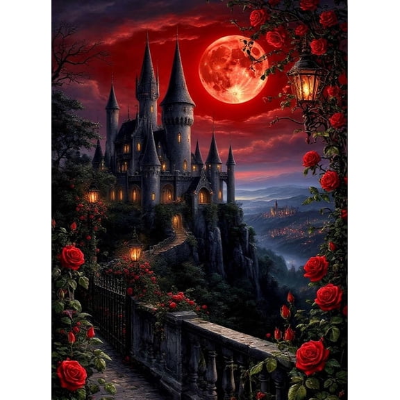 Diamond Art Painting Kits for Adults, Rose Castle 5D Diamond Painting Kits for Adults Beginners, DIY Full Round Drill Diamond Dot Painting Gem Art Kits for Home Wall Decor 12x16 Inch
