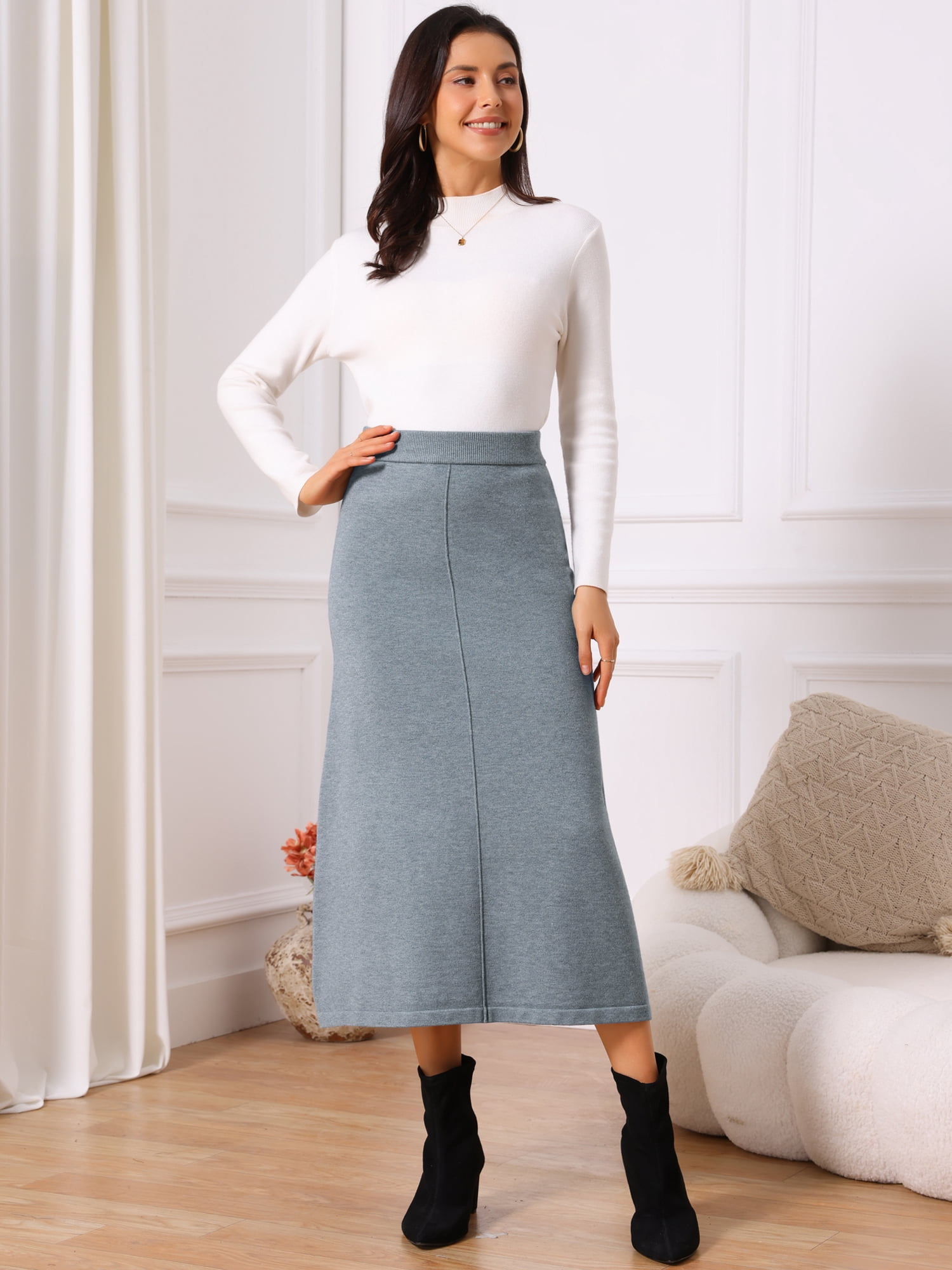 DARING DIVA Women's Sweater A Line Elastic High Waist Stretchy Midi Skirt L Grey