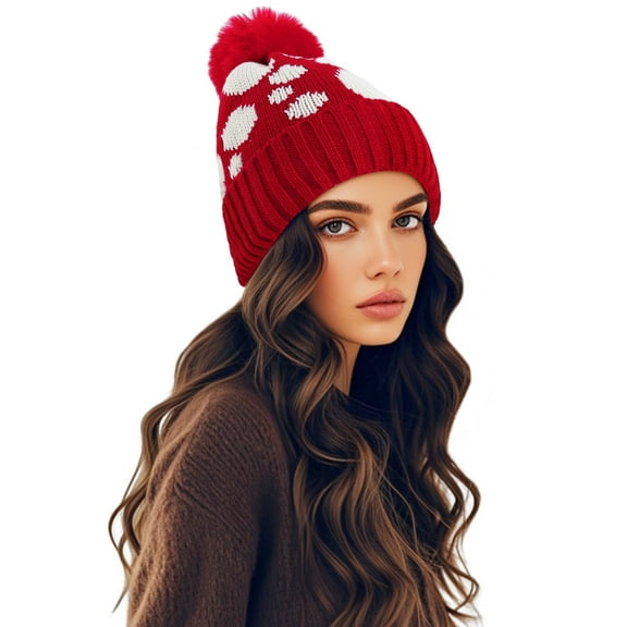 WoWstyle Women Winter Pompom Beanie Hat with Warm Fleece Lined, Thick Slouchy Knit Skull Ski Cap-Red