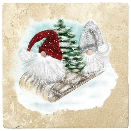 

[Set of 4] 4 Premium Absorbent Travertine Square Christmas Holiday Decor Gift Housewarming Coasters - Two Gnomes and Tree on Sled