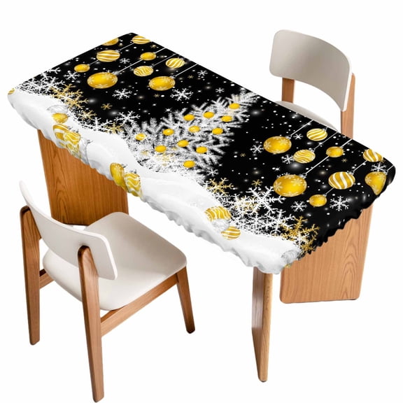 Black Yellow Christmas Table Cloths for 4 Foot Rectangle Tables, Xmas Tree Snowflake Winter Patio Waterproof Elastic Fitted Tablecloths, Washable Rectangular Table Cover for Camping