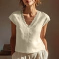 thumbnail image 3 of MOJOGO Women's Lace Trim Tees Lightweight Linen Blend Blouses V Neck Cap Sleeve Tops Short Summer Casual Outfits Beige XL, 3 of 8