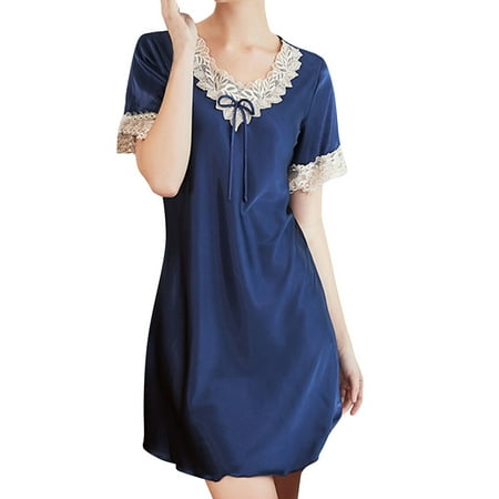 

Akiihool Womens Nightgowns Soft Women s Satin Nightgown Silk Slip Dress Sleepwear V Neck Negligee Lingerie Short Nightwear (Navy M)