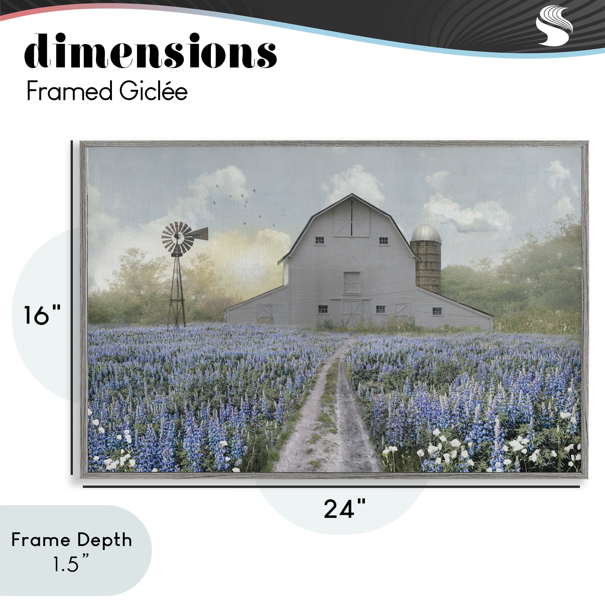 Stupell Industries Meadow of Blue Flowers & Barn Gray Framed Giclee Art, design by Nan