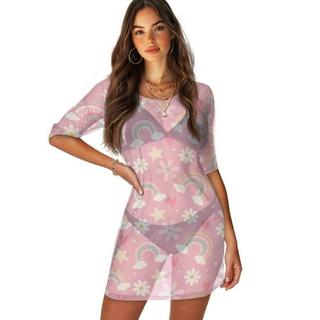 FKELYI Women s Swimwear Cover Ups Breathable Bikini Suit Cover-Up with Half Sleeve Pink Floral Rainbow Print Sheer Fabric Beachwear Dress for Lady Summer Vacation Outfits  XS
