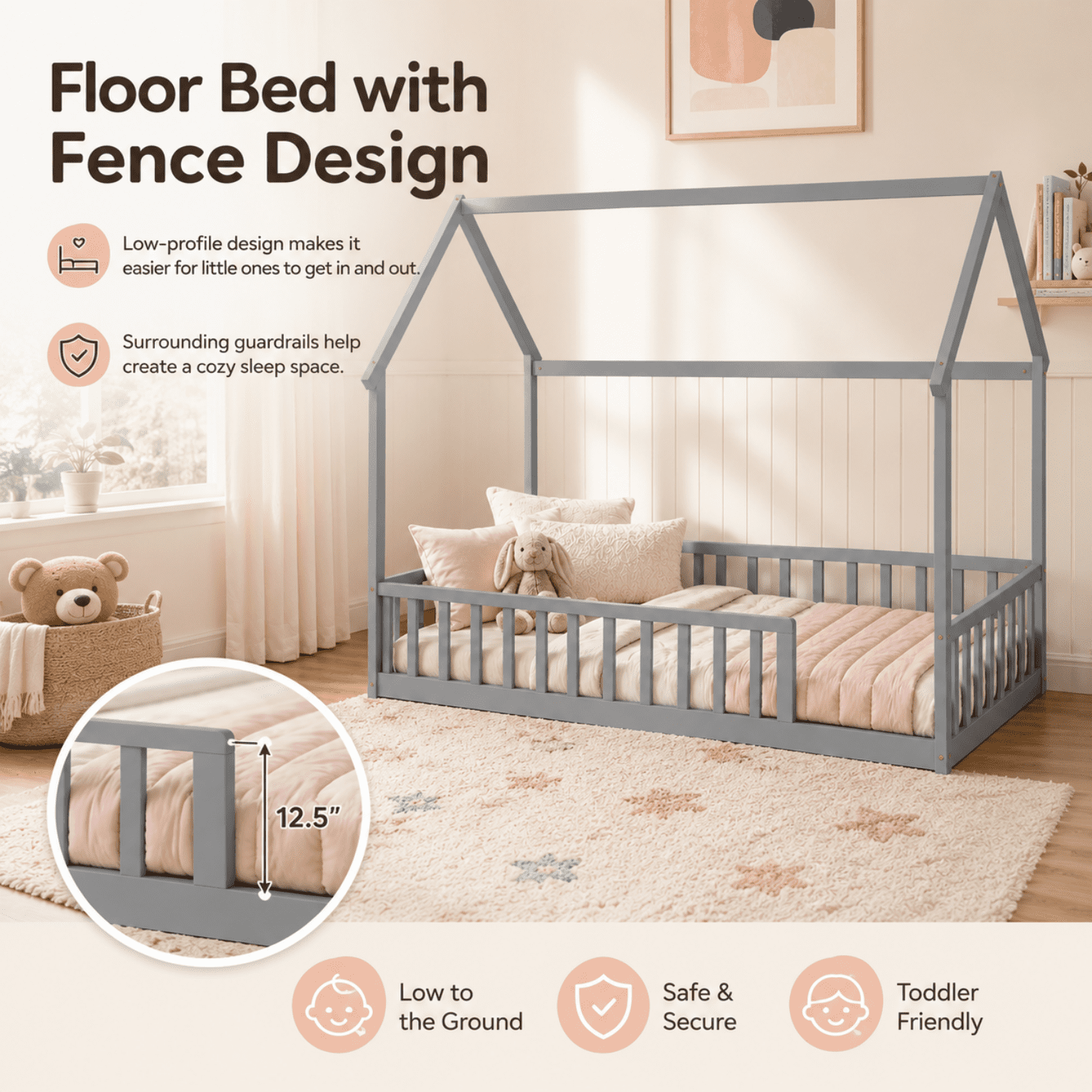 Miniyam Twin Size House Floor Bed for Kids, Wood Low Profile Bed Frame with Guardrails, Gray