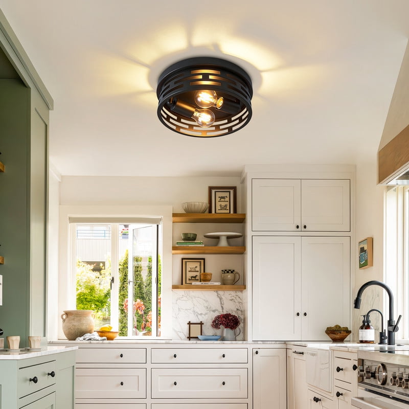 HKMGT Rustic 2-Light Flush Mount Ceiling Light, Matte Black Grid Pattern Frame, E26 Base, Round Close to Ceiling Light for Hallway, Entryway, Bedroom, Kitchen （2-Pack）
