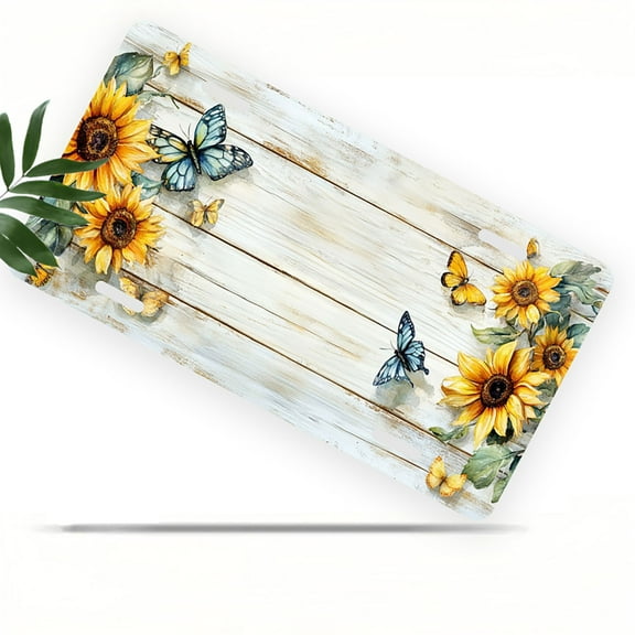 Sunflowers and Butterflies on Wood Front License Plate, Metal License Plate, Funny Standard Plates Personalized Novelty Decorative For Men/Women/Boys/Girls Car 6×12 Inch