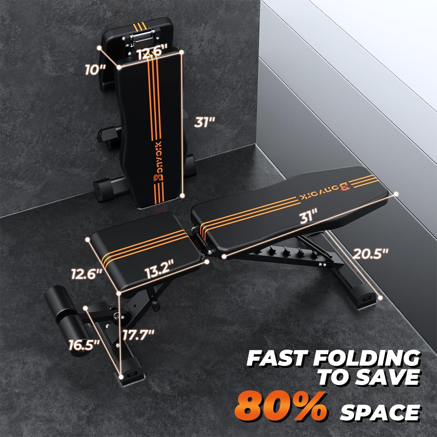 800LBS Adjustable Weight Bench, Bonvork Foldable Workout Bench with 20.5" Extended Base, Home Gym Strength Training Bench for Full Body Exercise, Incline & Decline Folding Bench Press