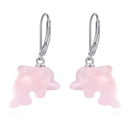 MYSTICPOEM Dolphin Earrings Sterling Silver Rose Stone Dangle Leverback Earring Jewelry Gift for Women