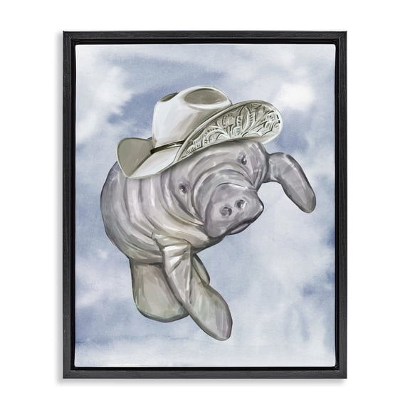 Stupell Industries Eclectic Manatee with Stylish Hat Black Floating Frame Canvas Art, 17 x 21, by Ziwei Li