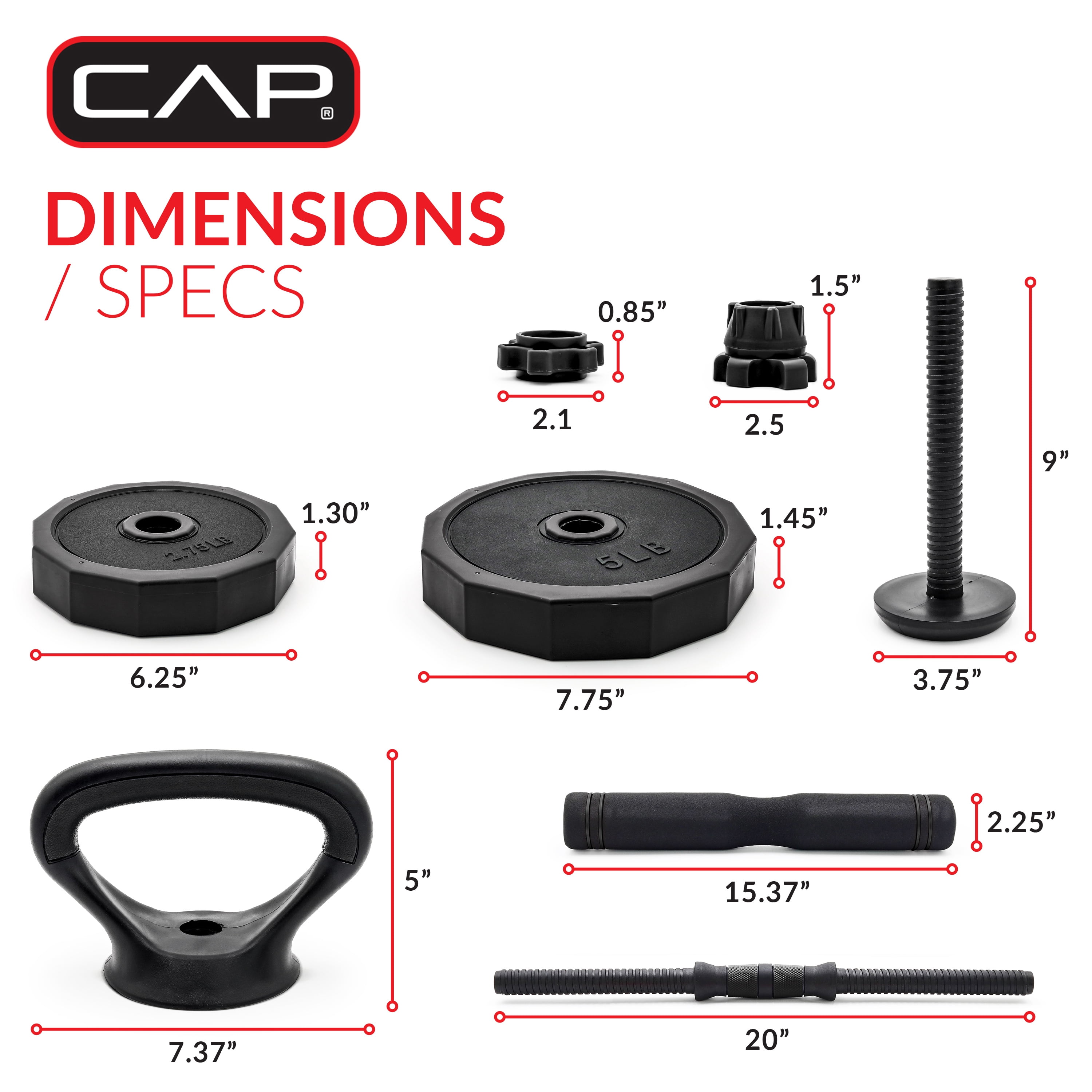 CAP 66lb Multi-Use Weight Set - Adjustable Dumbbell, Barbell & Kettlebell for Full-Body Workouts, Black