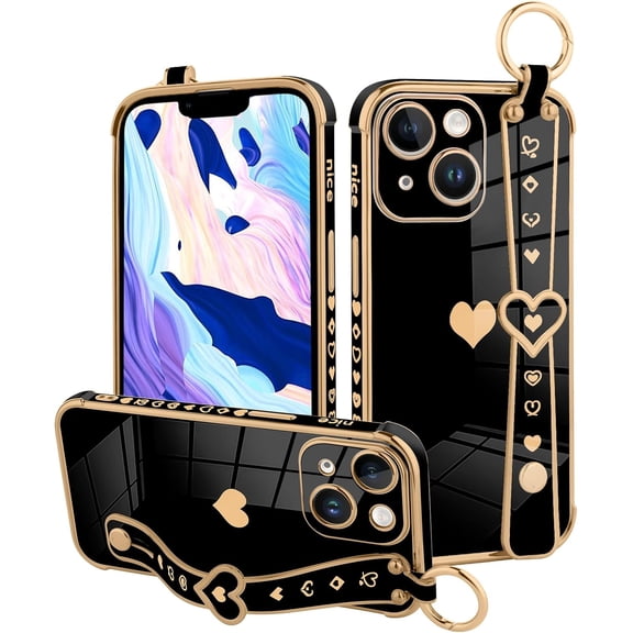 Phone Case Compatible with iPhone 15 Plus, Cute Love Heart Pattern for Women Girls Soft Plating Bumper Anti-Scratch Protective Cover with Wrist Strap Band Kickstand Holder-Black