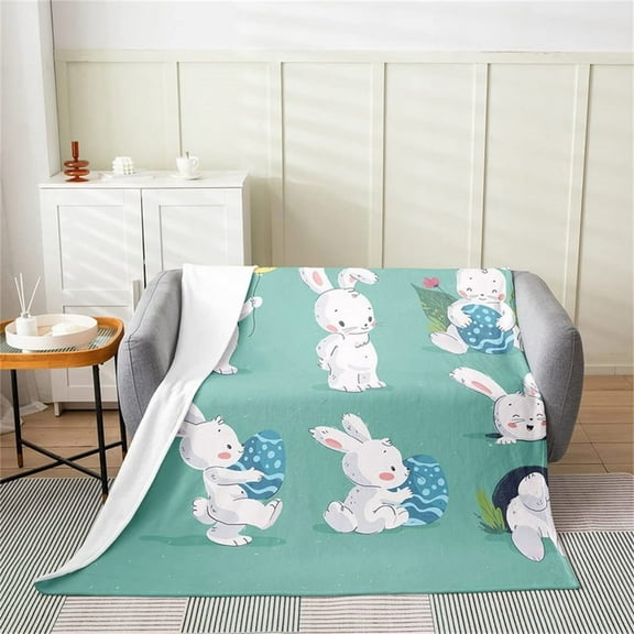 SeekLGT Easter Throw Blanket 28x39 Soft Cozy Flannel Bunny and Colorful Eggs Microfiber Blanket for Sofa Bed Couch