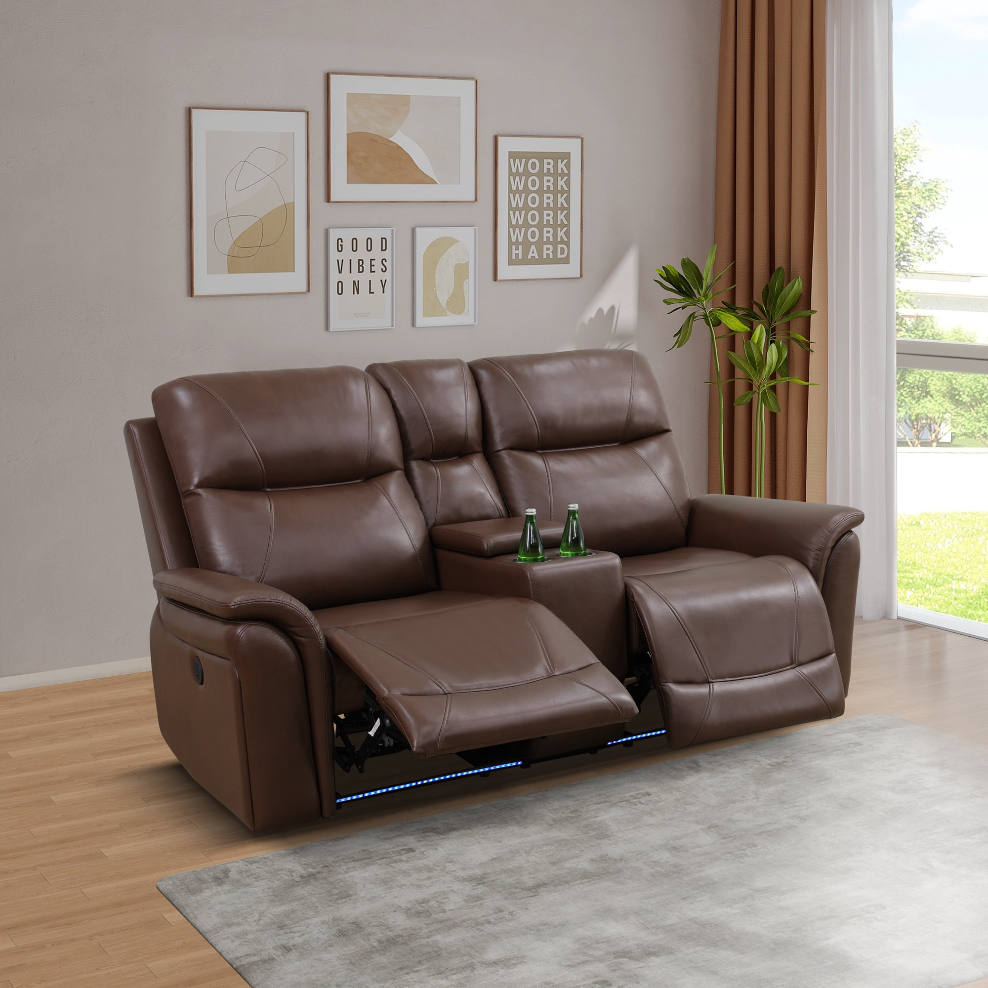 Gewnee Loveseat Power Reclining Multifunctional Sofa, Air Leather, Storage Console, Cup Holders,Dark Brown