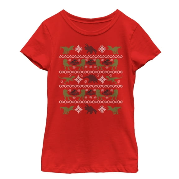 Girl's Jurassic World Ugly Christmas Velociraptor Graphic Tee Red X Small
