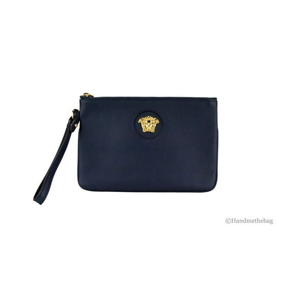 Versace Small Navy Pebbled Leather Wristlet Clutch Pouch