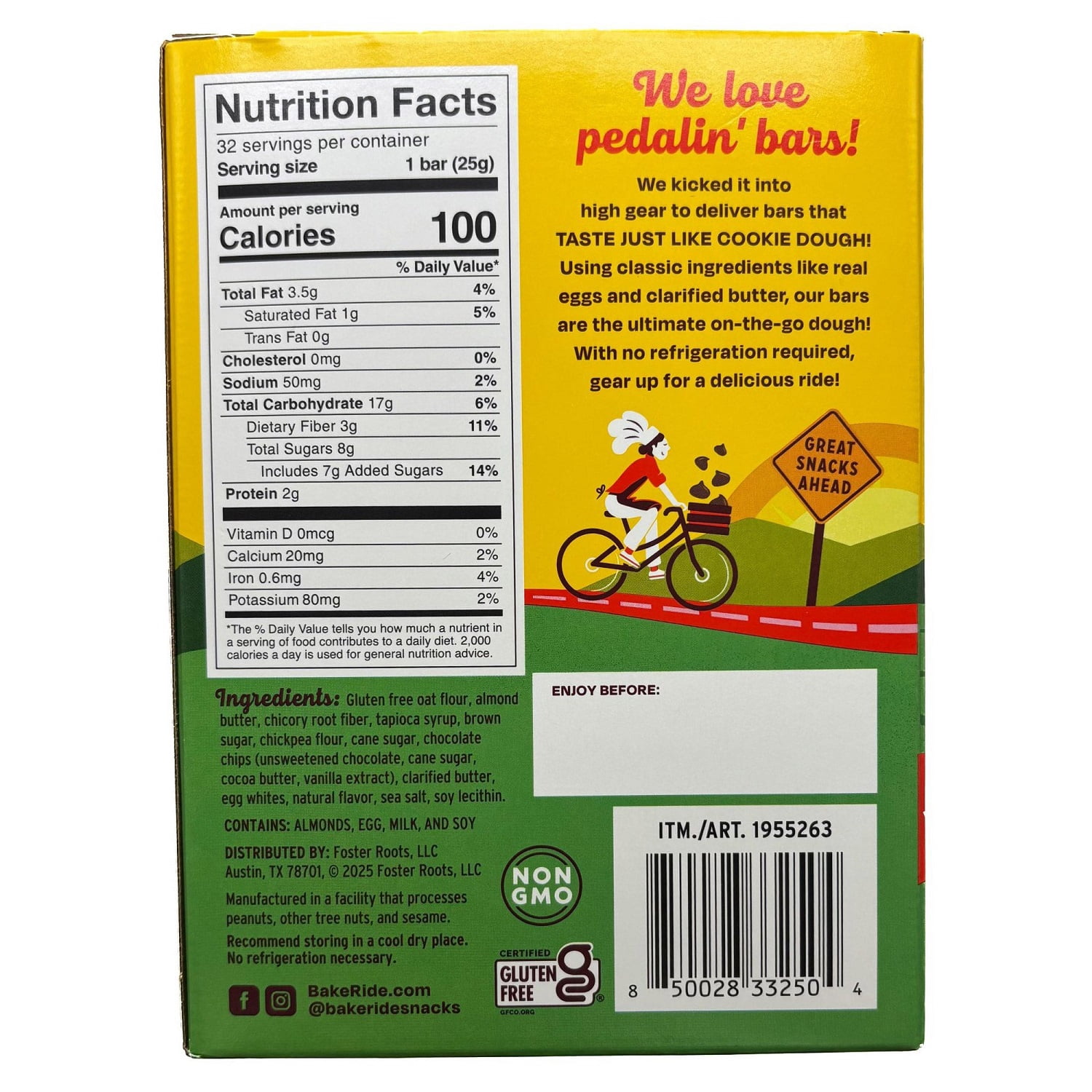 Bake Ride Mini Chocolate Chip Cookie Dough Bars, 0.88 Ounce (Pack of 32)