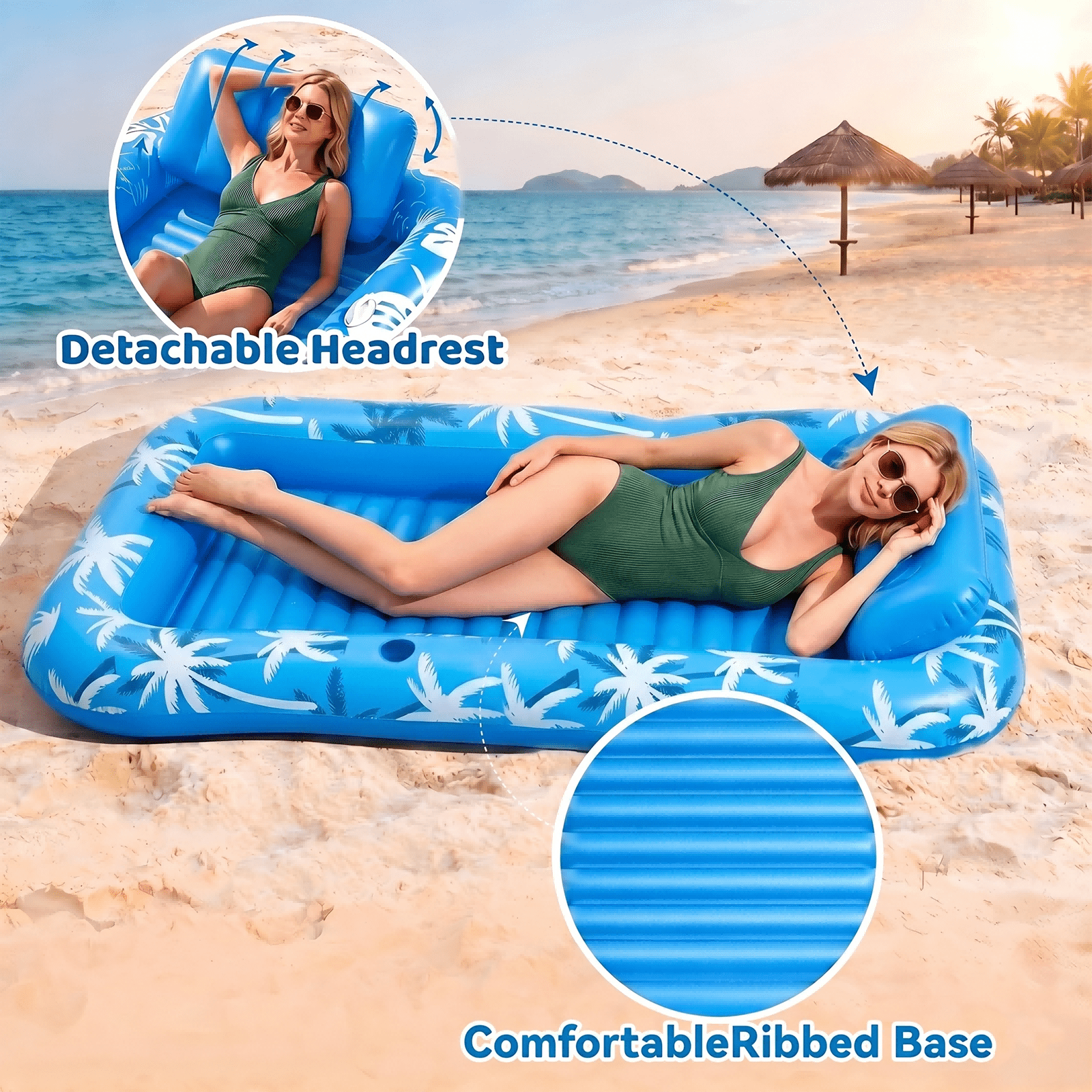 Inflatable Tanning Pool Lounger Extra-Wide with Integrated Cooling Sprinkler – 77" x 48" Sunbathing Float & Personal Soak Tub for Adults, Heavy Duty 6-in-1 Water Oasis for Backyard & Poolside