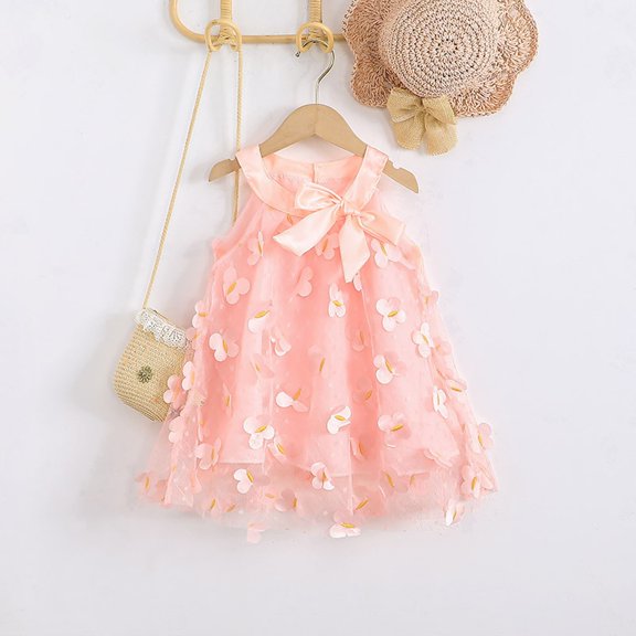 Vedolay Summer Dress Girls' Short Sleeve Fashion Skater Dress, Butterfly Floral,Pink 18-24 Months