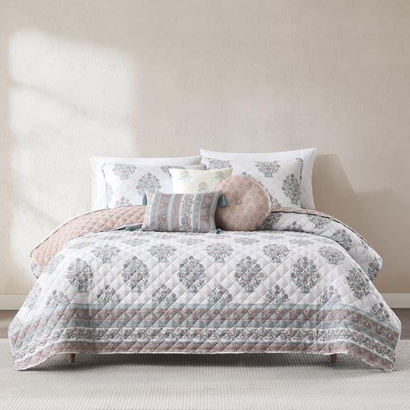 Lush Decor Sofia Flower Block Bouquet Reversible Quilt 6 Piece Set King/ Cal King Clay - Block Print Quilt - Floral Bedding Set with Pillows - Boho Decor