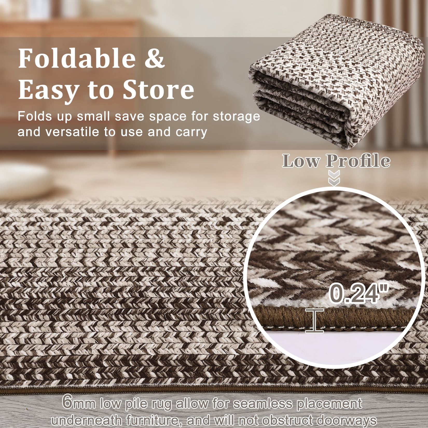 Garvee 6'x9' Printed Braided Rugs Farmhouse Bordered Carpet, Machine Washable Indoor Area Rug Non-Slip Low Pile Rugs for Living Room Bedroom Home Decor, Camel