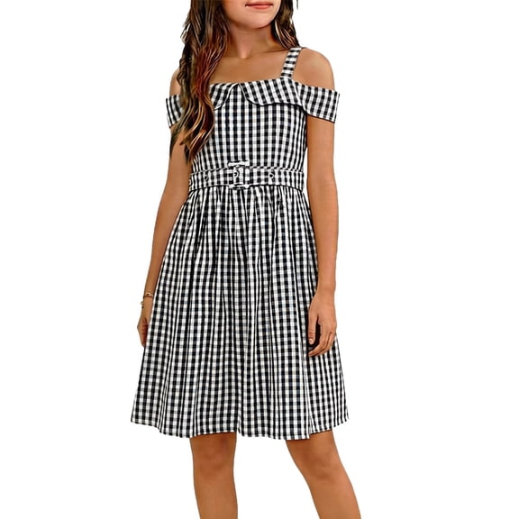 ITSAME Girls Slip Dress, Waist-Cinching Plaid Print Ruffle Summer Fashion Casual A-Line Dress Black 11-12T