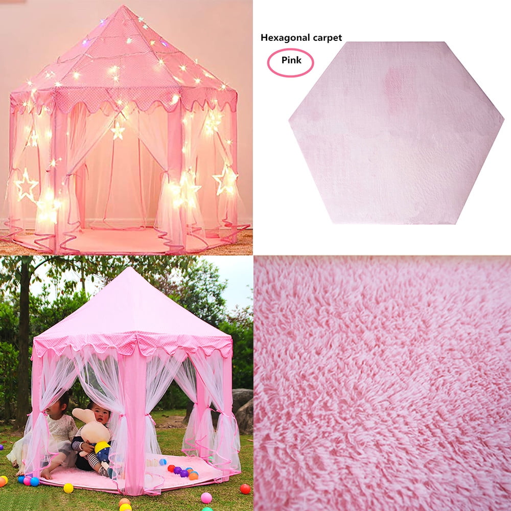 Children Kids Pink Hexagon Rug Coral Fleece Princess Castle Play Tent Floor Mat 