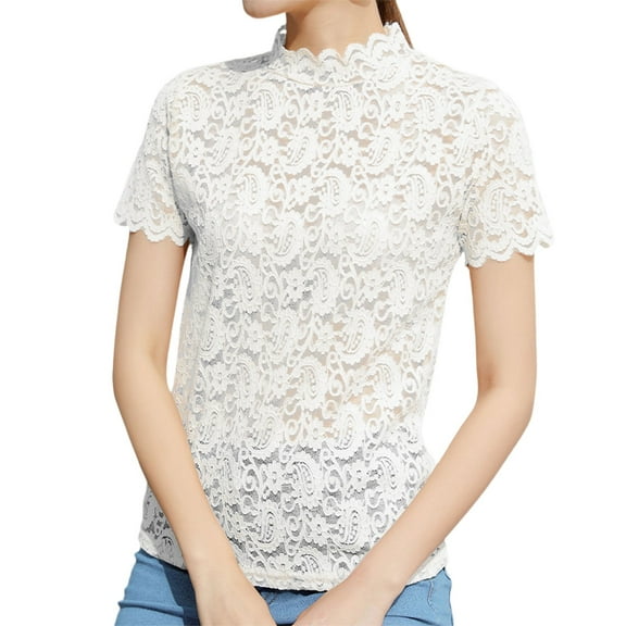 Women's Floral Lace Blouse Long Sleeve Sheer Mesh Top Elegant See Through Crochet Tunic Casual Wear