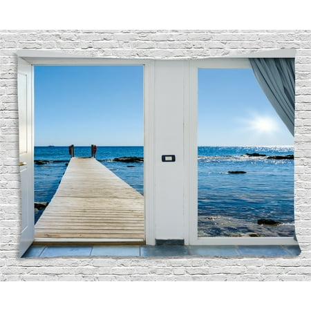 Beach Themed Patio Beach Theme Decor Tapestry, Coastal Decor Ocean Sea Sunny Scenery with Patio from Window, Wall Hanging for Bedroom Living Room Dorm Decor, 60W X 40L Inches, Light Blue and White, by Ambesonne ()