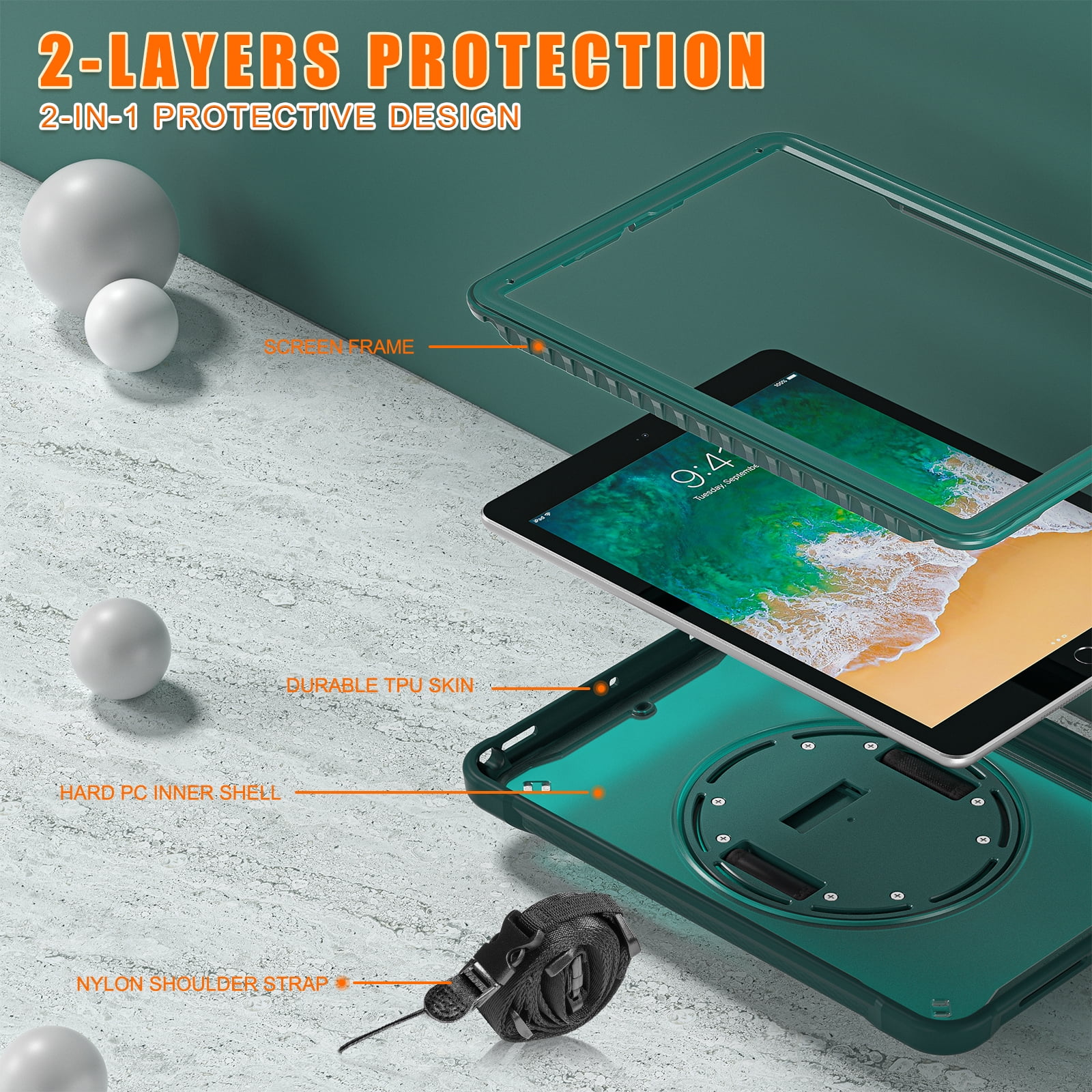 Dteck Case for iPad Air 2/iPad Pro 9.7"/iPad 5th/6th Generation,Military Grade Shockproof Silicone Protective Cover 360° Rotatable Stand- Shoulder Strap- Handle- Pencil Holder,Darkgreen