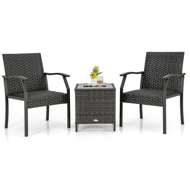 Gymax 3PCS Conversation Set All weather Wicker Chair Tempered Glass Table Quick Dry Foam Patio