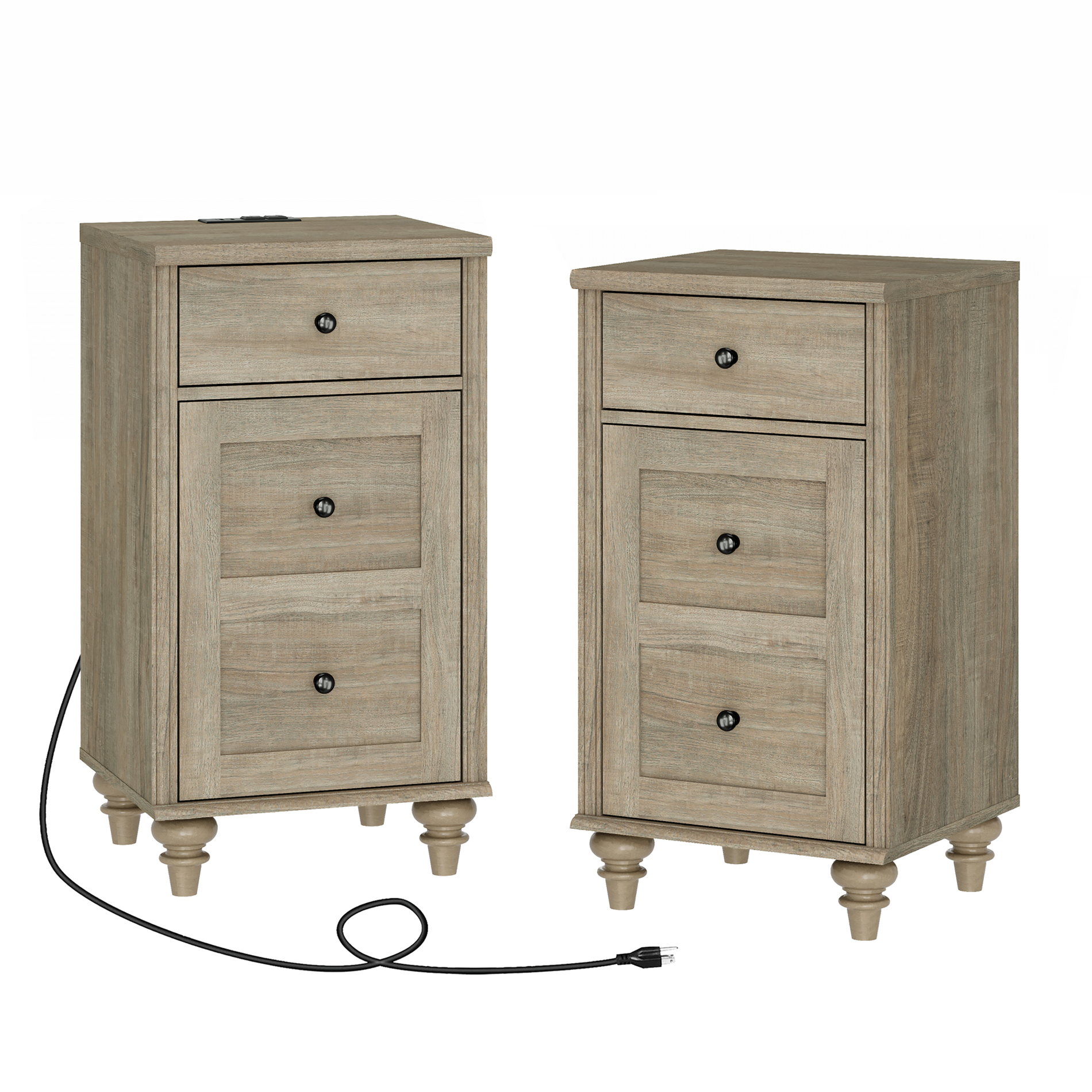 Set of 2 End Tables with Charging Station, Wood Nightstands with Drawer & Storage Cabinet, Modern Farmhouse Side Tables for Living Room & Bedroom, Wash Grey