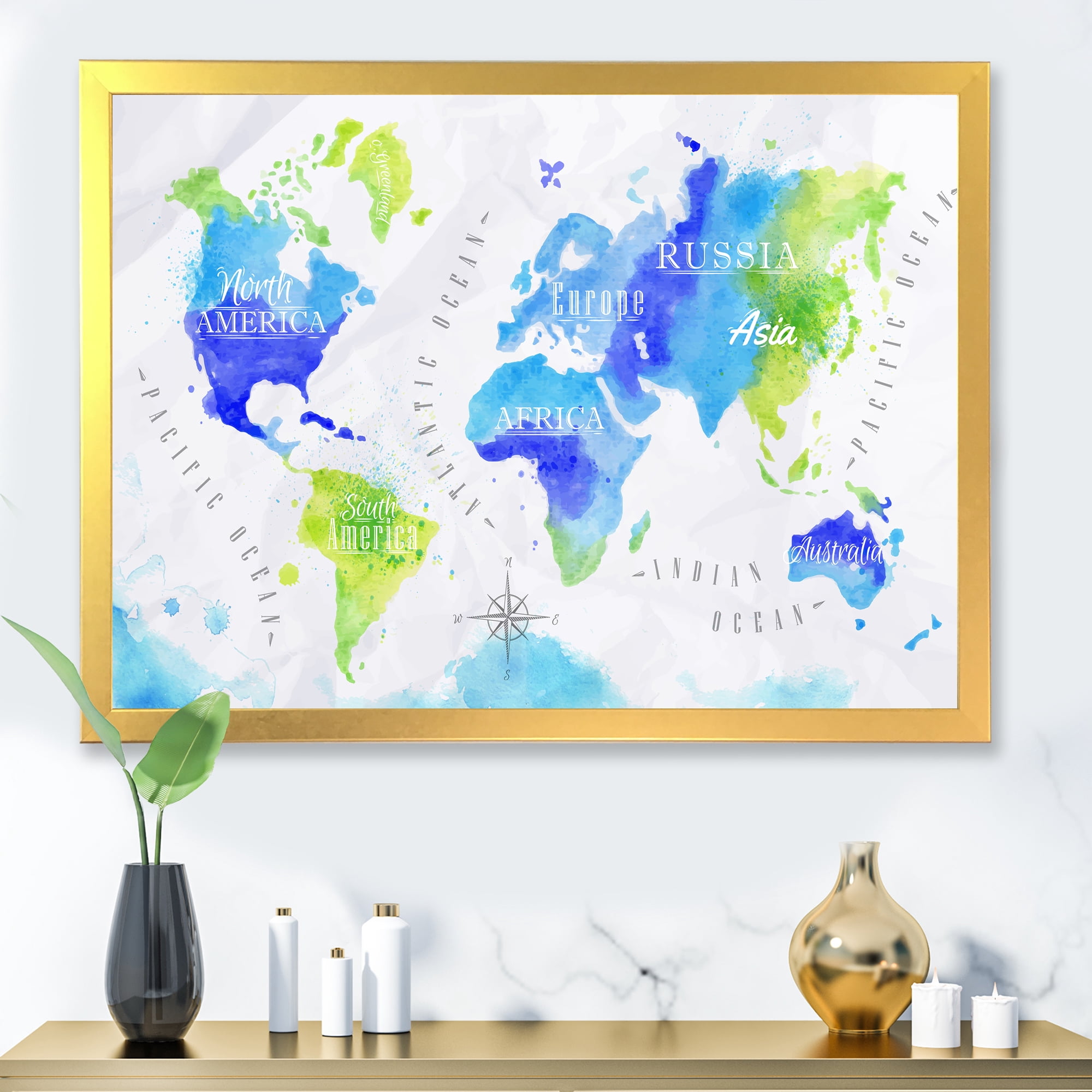 Designart 'World Map In Blue and Green' Modern Framed Art Print