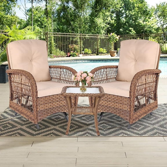 W WARMHOL Outdoor Patio Swing Glider Chair Set, 3 Pieces Patio Bistro Set of 2 Glider Rocker Cushioned Chair and Matching Glass Coffee Table, Wicker Conversation Rocking Glider Sets for Lawn Porch