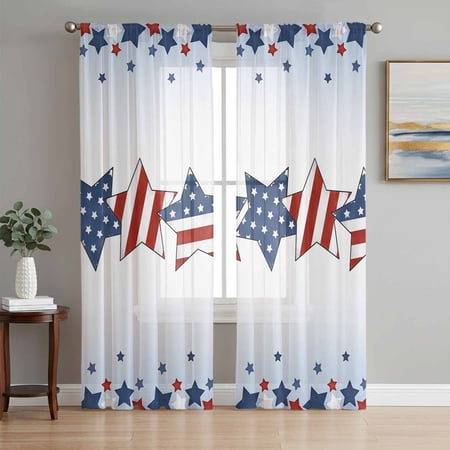 4th of July Semi Sheer Curtains 63 Inch Length 2 Panels Set American Star Blue Ombre Independence Day Sheer Kitchen Curtain Privacy Voile Window Curtain for Living Room Bedroom Rod Pocket Drapes