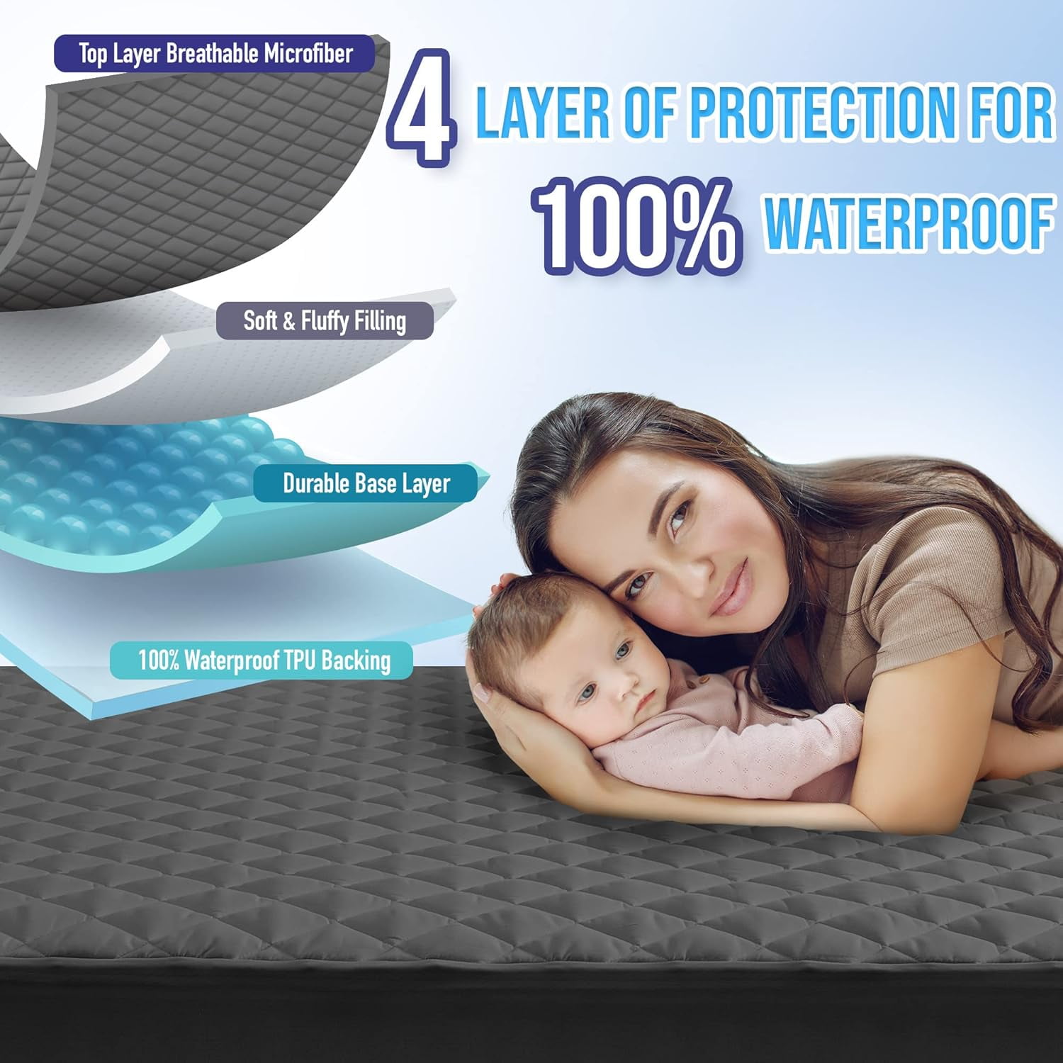 Queen Size Waterproof Mattress Pad Protector, Breathable Quilted Mattress Cover Noiseless Waterproof Fitted Sheet Mattress Topper Up to 21" Deep Pocket