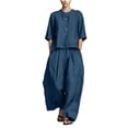 thumbnail image 2 of LEKWK Linen Sets for Women 2 Piece 3/4 Sleeve Button Down Crewneck Tops and Loose Fit Wide Leg Pants Summer Fashion Casual Vacation Outfits, 2 of 5