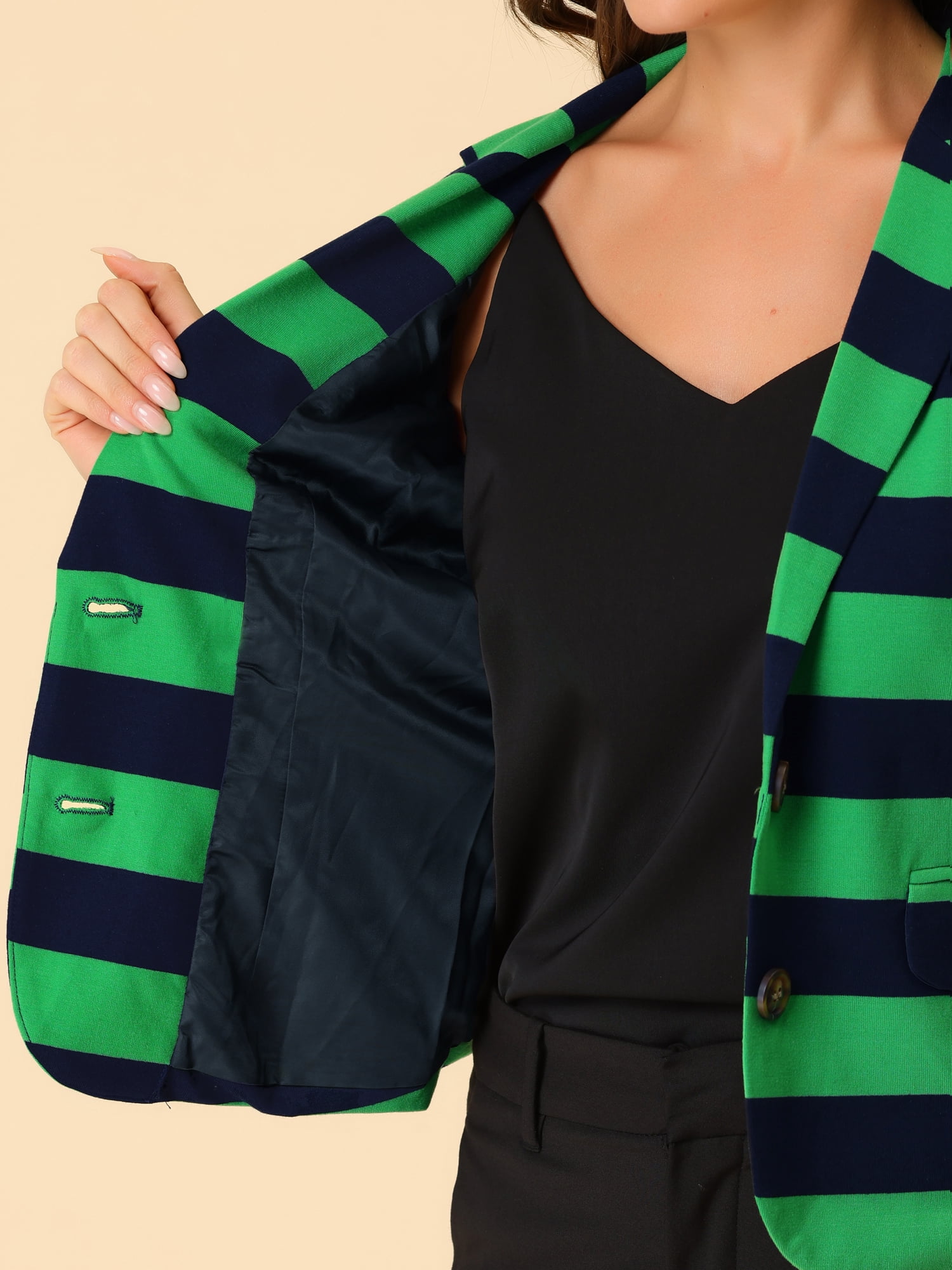 DARING DIVA Women's Striped Notched Lapel Button Closure Blazer S Green Navy