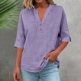 thumbnail image 2 of Miluxas Plus Size Women's Solid 3/4 Sleeve V Neck Blouse Summer Textured Cotton Linen Loose Fit Casual T Shirts Purple, 2 of 9