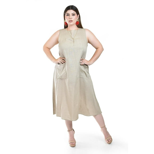 Vestido de lino con bolsillos Roman Fashion /Tallas Extras, 3830 (Beige) beige 36