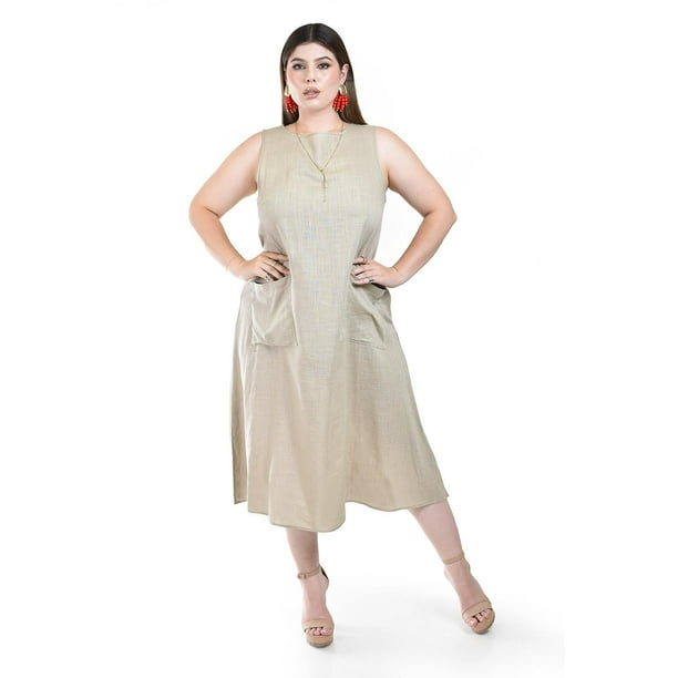 Vestido de lino con bolsillos Roman Fashion /Tallas Extras, 3830 (Beige) beige 42
