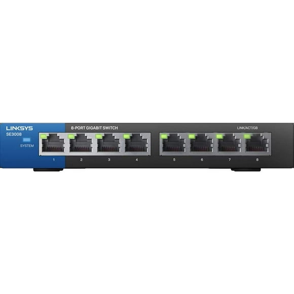 Linksys SE3008: Interrupteur Ethernet Gigabit 8 Ports Non Géré, Réseau Informatique, Ports Auto-Détection Maximisent le Flux de Données jusqu'à 1,000 Mbps (Noir, Bleu)